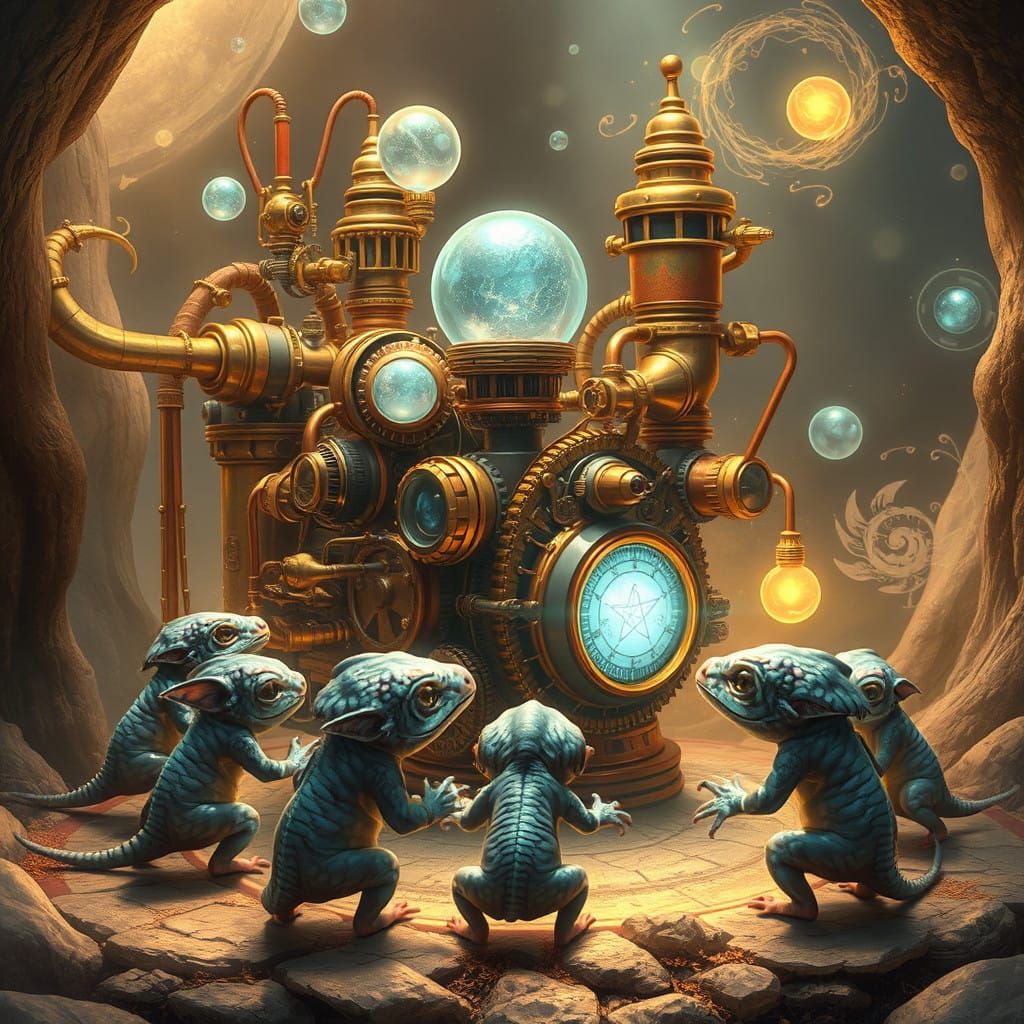Cosmic Kobolds Gather Around Steampunk Engine in Ethereal Re...