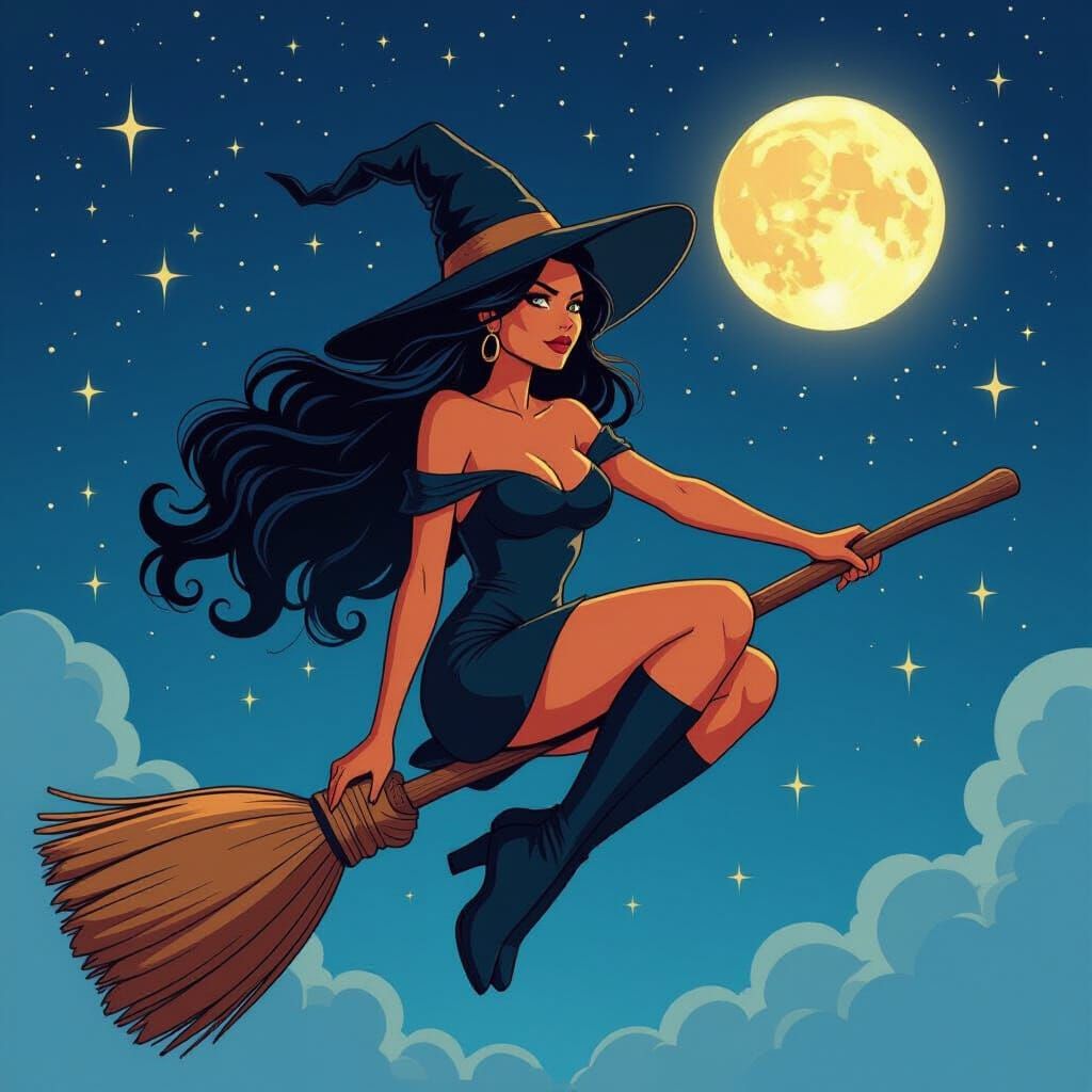 Pin-Up Witch on Flying Broomstick in Starry Sky