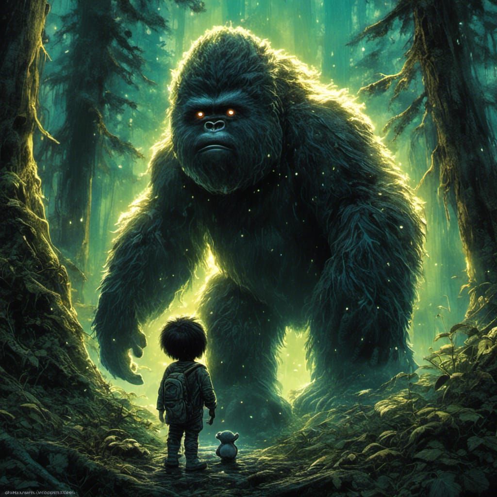 Adorable Bigfoot in Creepy Forest: Vintage Illustration
