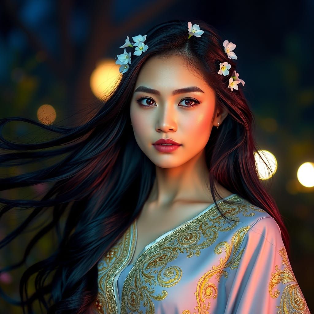 Serene Malay Goddess in Moonlit Garden