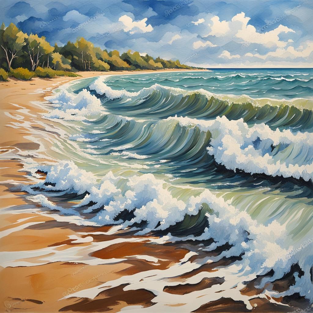 Beach Waves in Detailed Gouache Painting