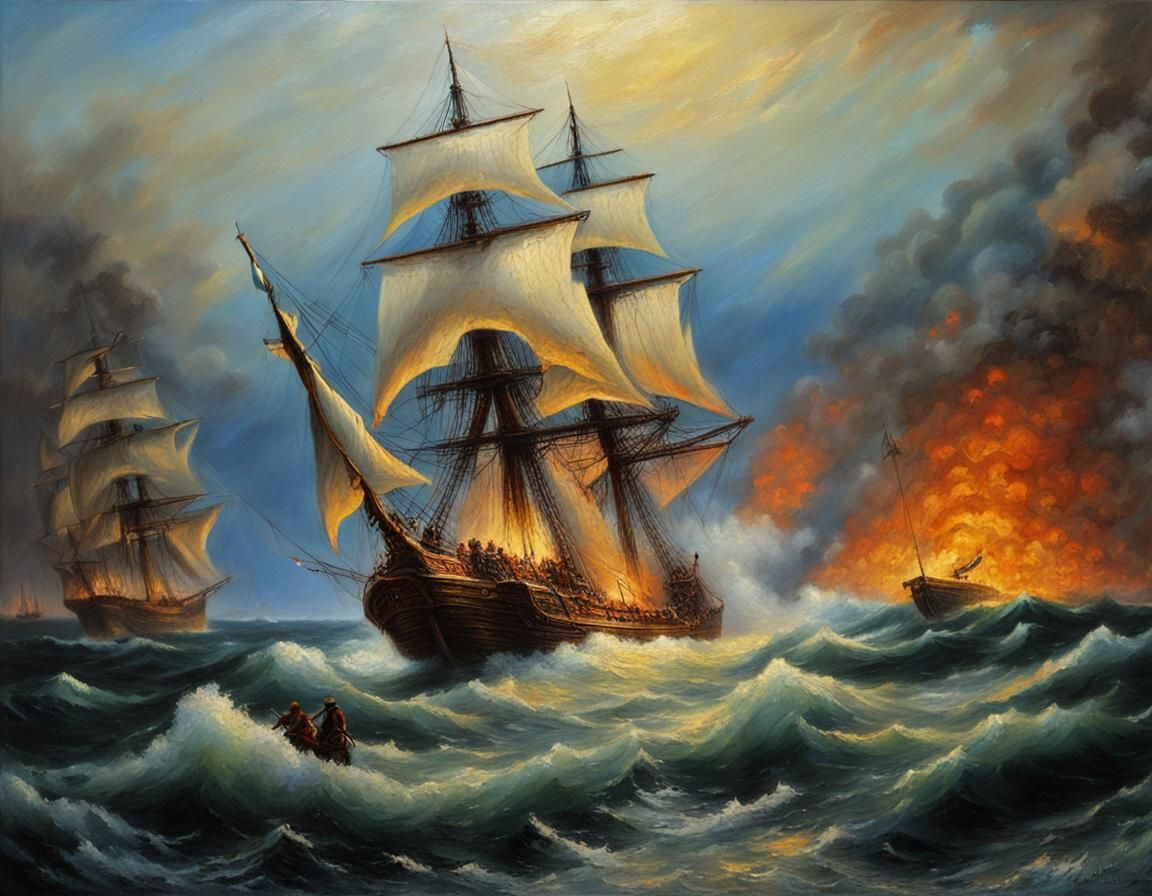 Pirate Attack on Schooner in Hyperdetailed Oil Painting