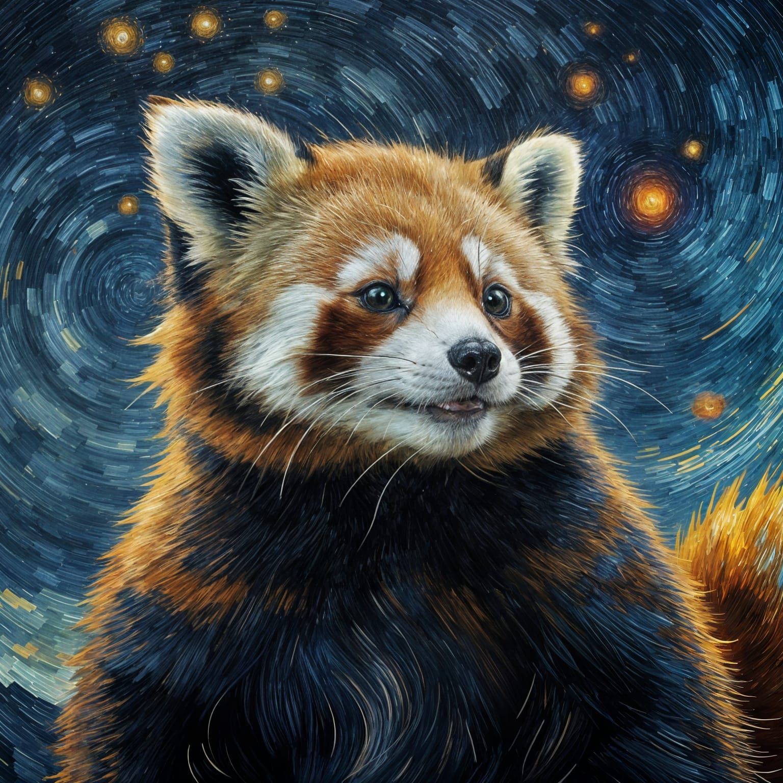 Red Panda in Starry Night Blended Painting