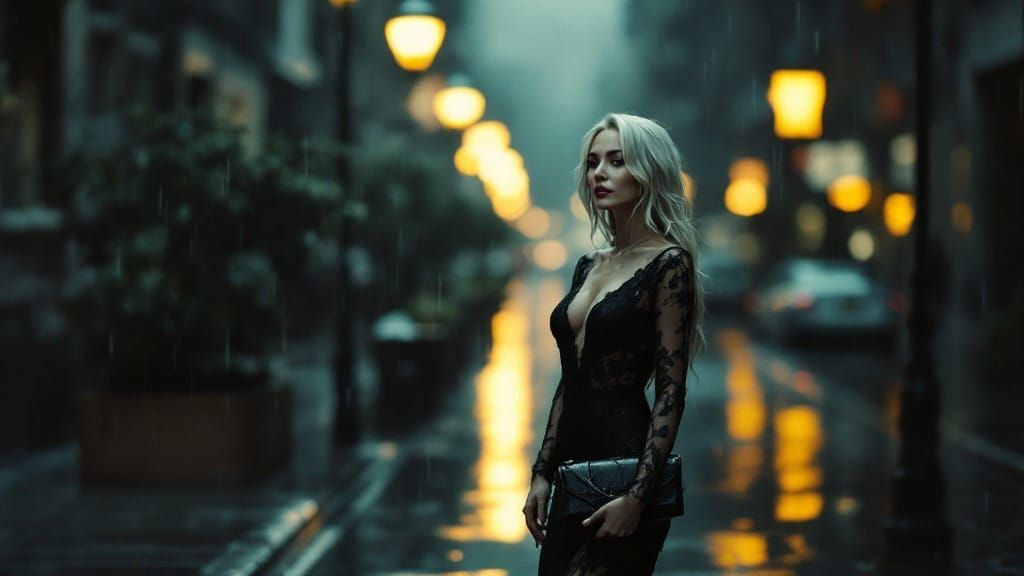 Crying Man in Black Dress Stands in Rain