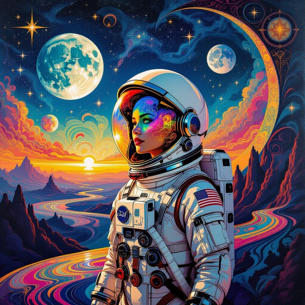Astronaut in Surreal Cosmic Landscape Inspired by Dalí