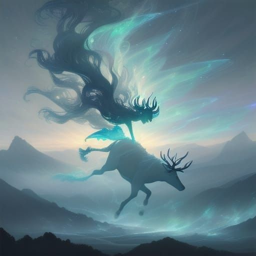 Woman Riding Spirit Deer Through Dreamlike Landscape