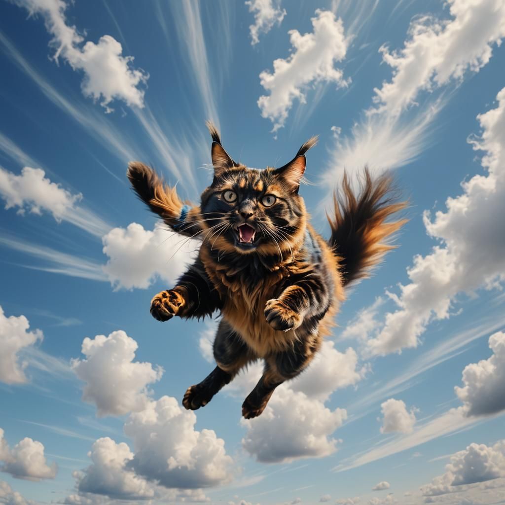 Tortoiseshell Cat Skydiving: Hyperrealistic Matte Painting