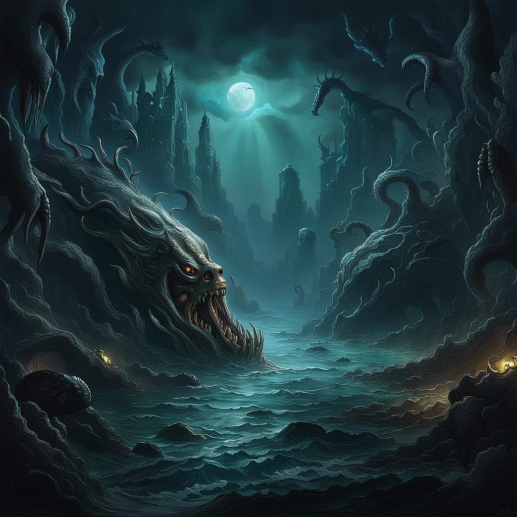Mythical Creatures in a Dark Fantasy Landscape