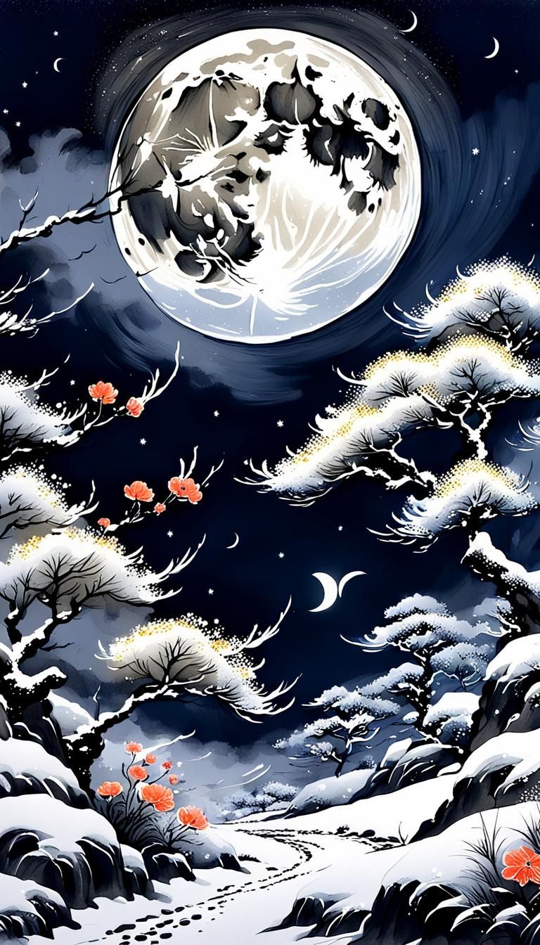 Japanese Ink Painting of Wind, Flowers, Snow, Moon