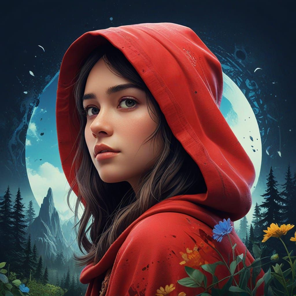 close up red riding hood wearing hat with Digital watercolor...