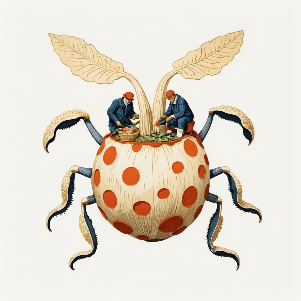 Italian Activists Tending Giant Mushrooms in Linocut Style