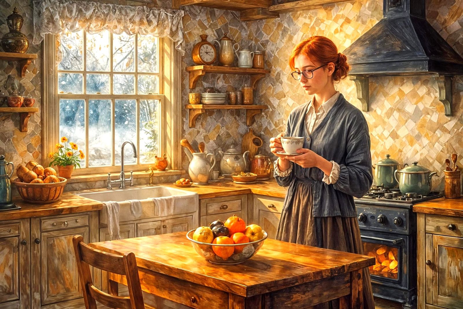 Prim Teacher in Cozy Cottage Kitchen, Watercolor Oil Style