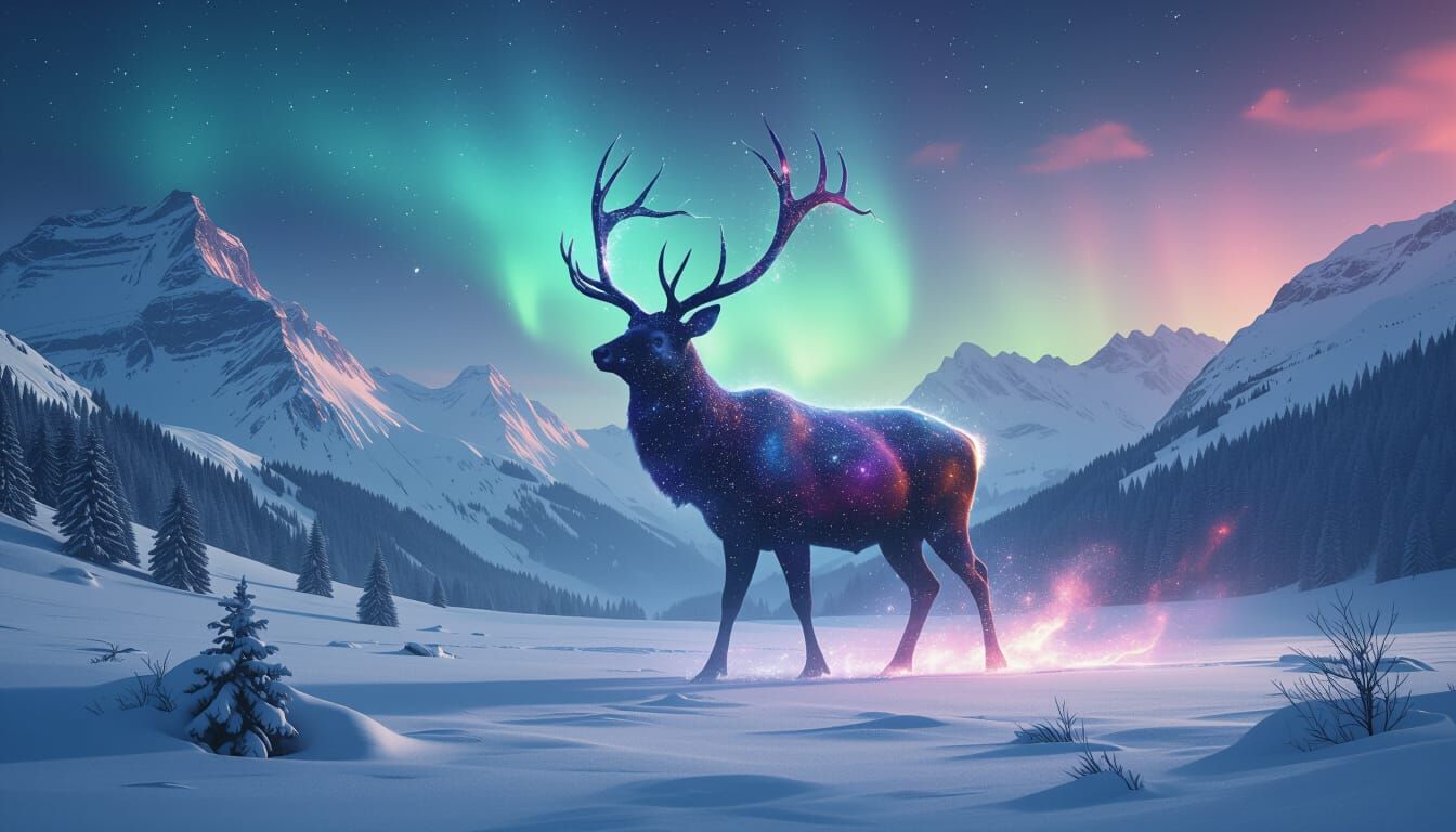 Cosmic Deer in Snowy Alps, Romanticism Style