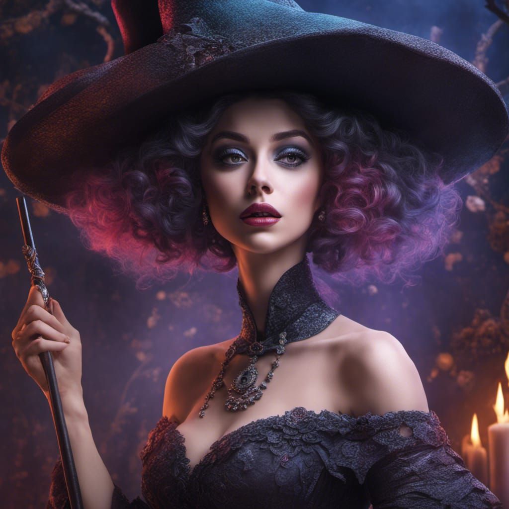 Beautiful Witch in Film Noir Pointillism Style