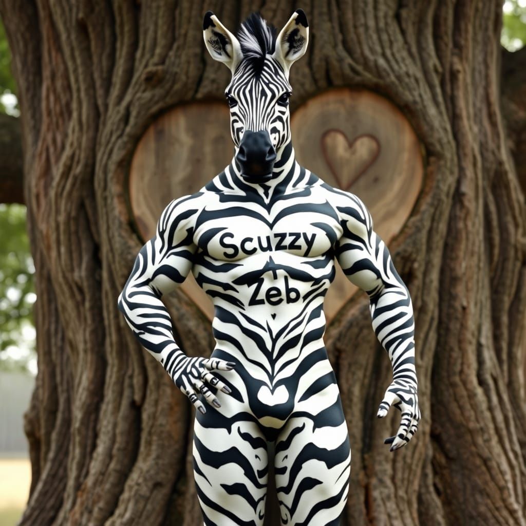 Hunky Male Zebra in Front of Oak Tree with Carved Heart
