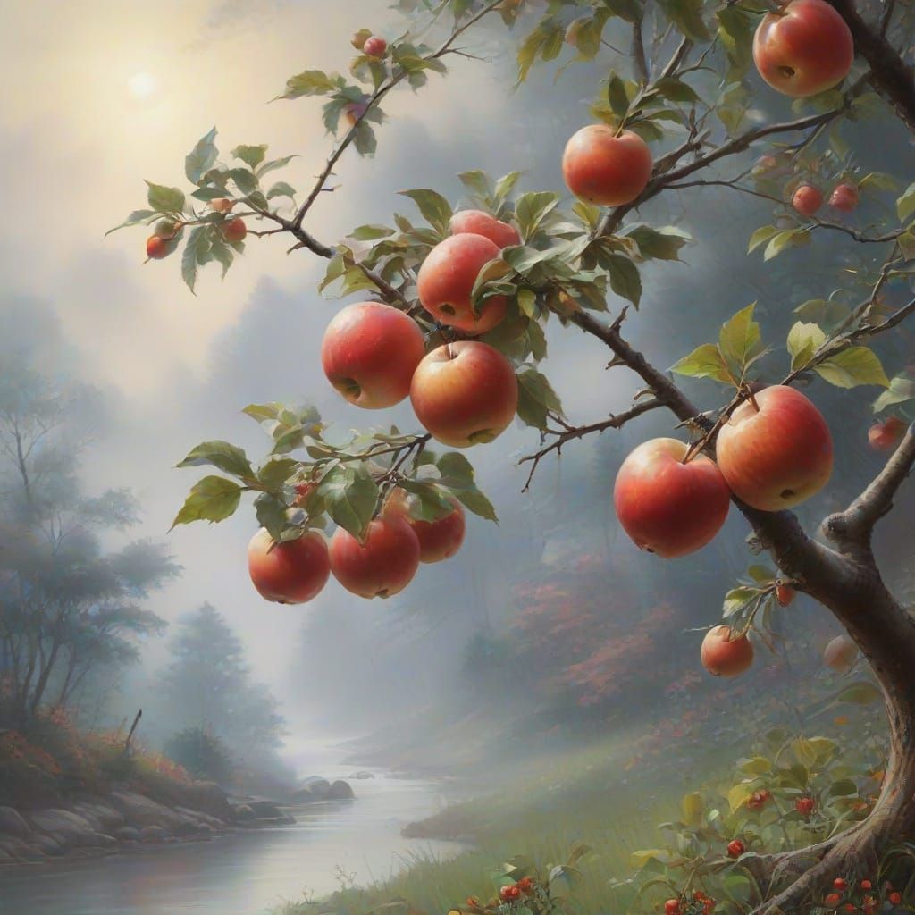 Ethereal Apples in Misty Landscape, Sumi-e Style