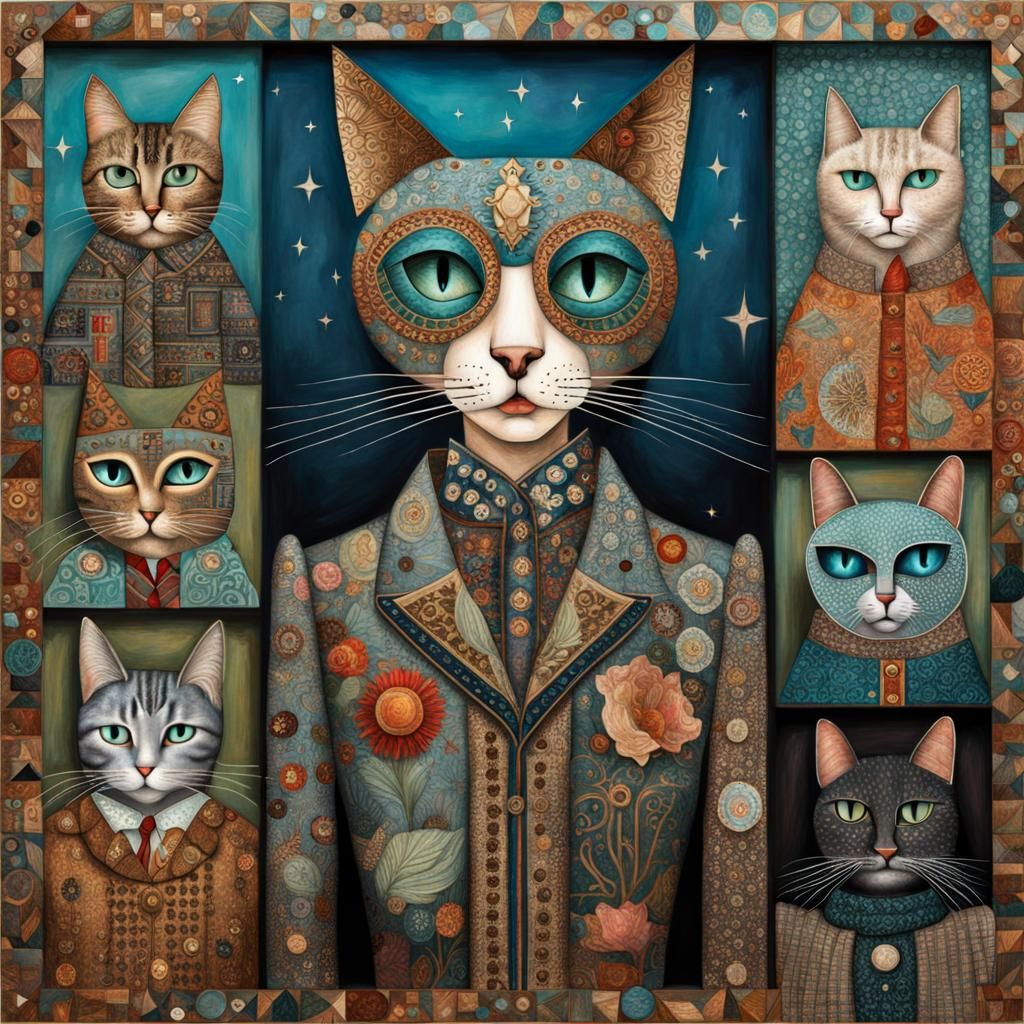 Whimsical Cats in Clothes, Outsider Art Style