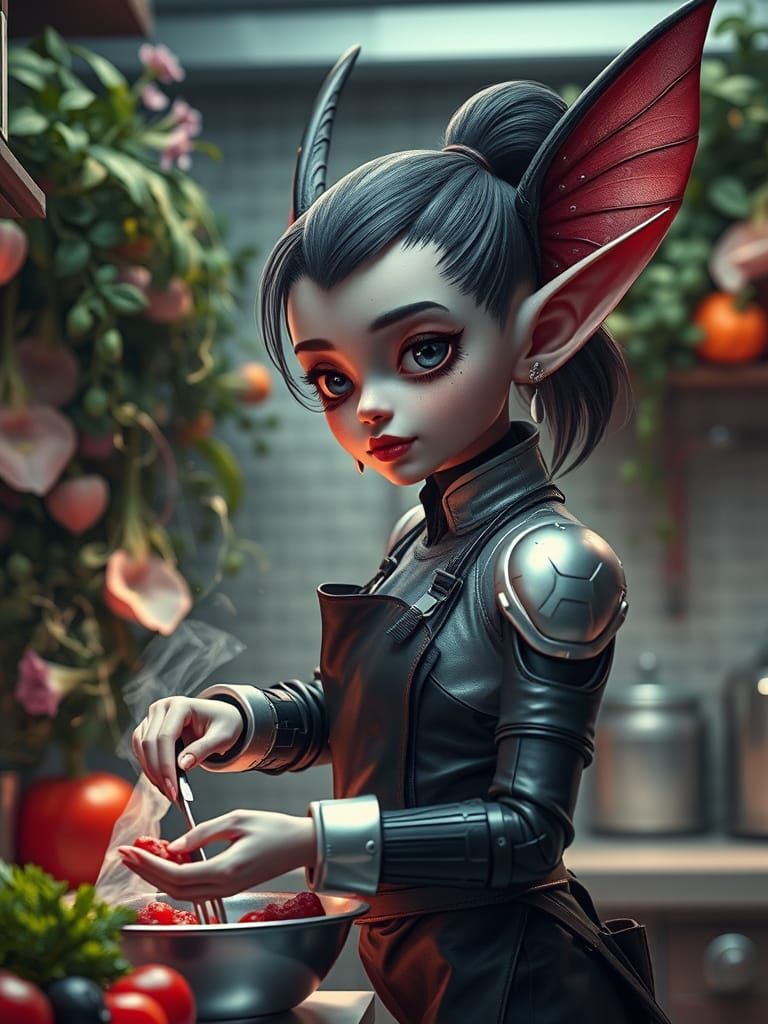 Gothic Pixie Chef in a Futuristic Kitchen