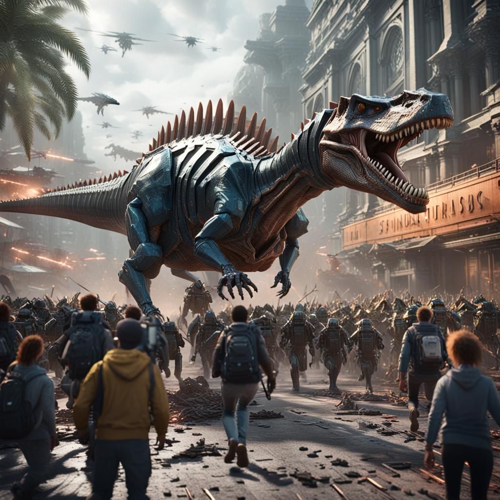 Futuristic Spinosaurus Attack in Sci-Fi City