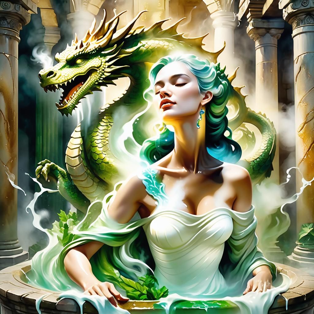 Milk Bust Bathed by Dragons: Surreal Watercolor Art