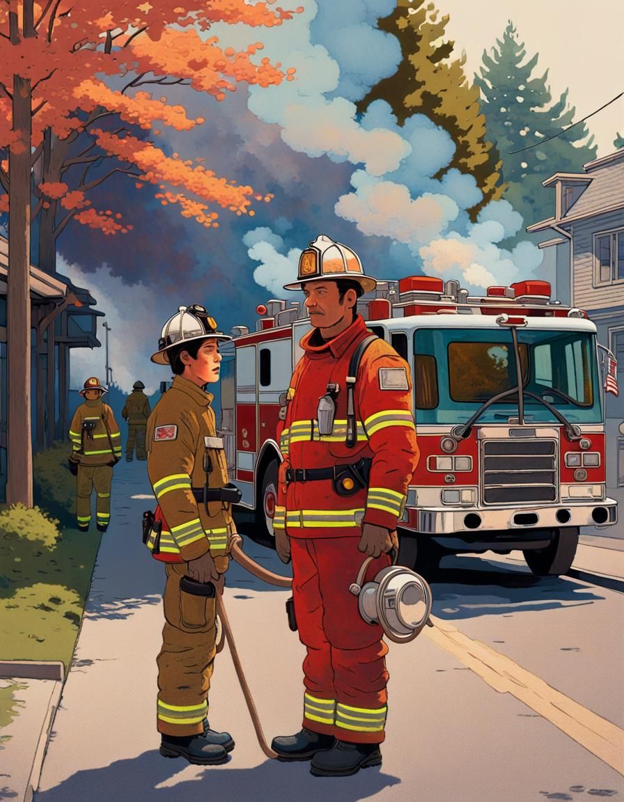 16k resolution, art by Hasui Kawase, Claude Monet, Syd Mead, firefighter in uniform, standing before a vintage fire truc...