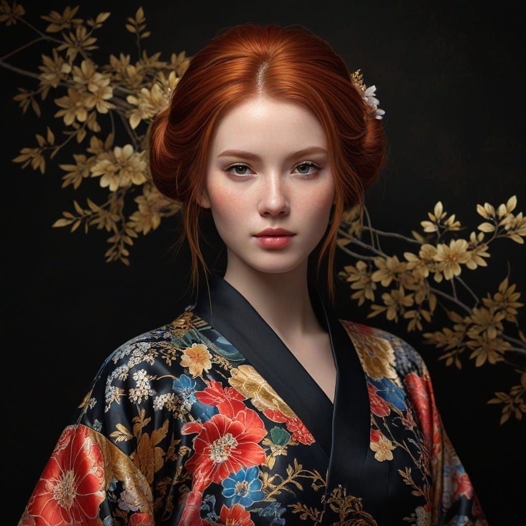 Redhead in Kimono: Vibrant Digital Art Portrait