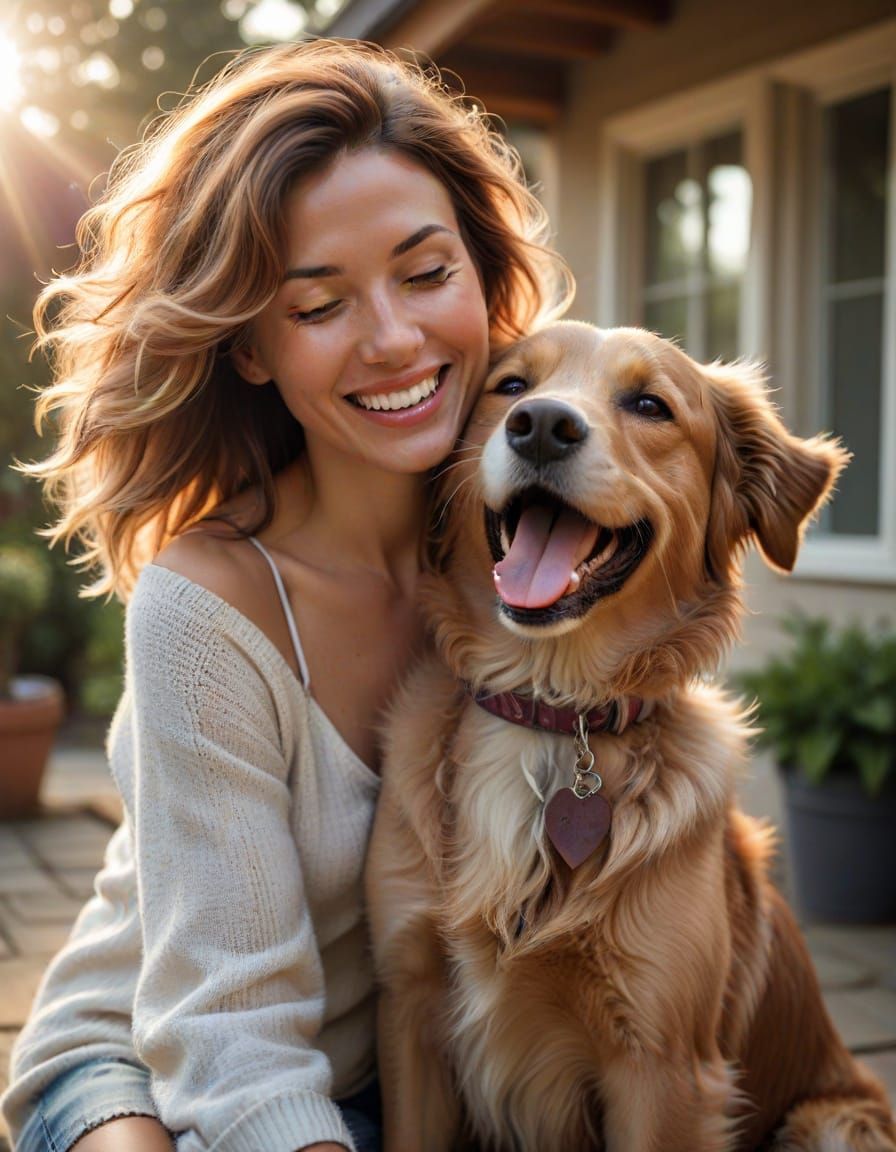 Joyful Woman and Dog Share Affection in Warm Sunlight