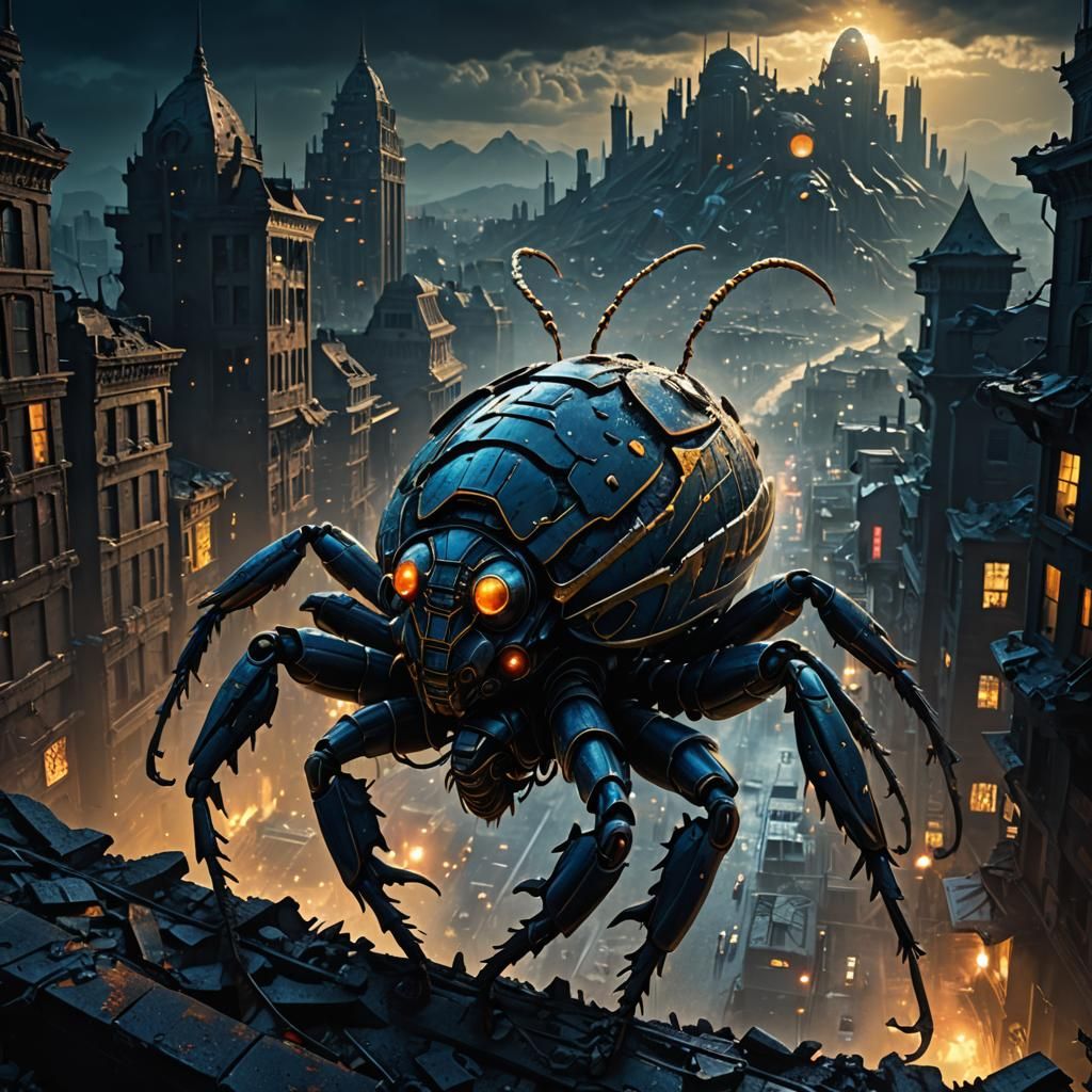 Cyber Bug Emerges from Ruined Cityscape