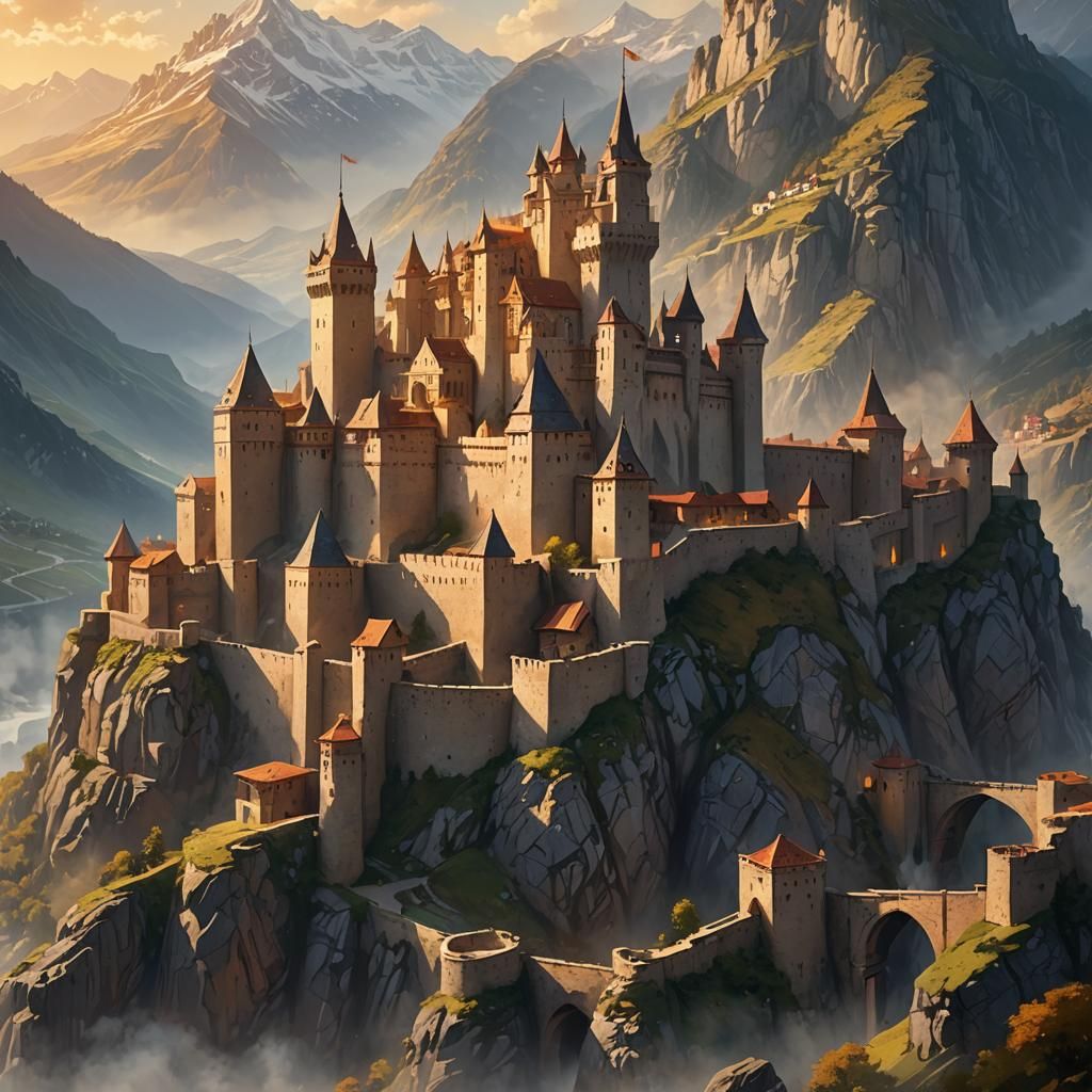 Grand Fortress in Misty Mountains: Fantasy Concept Art