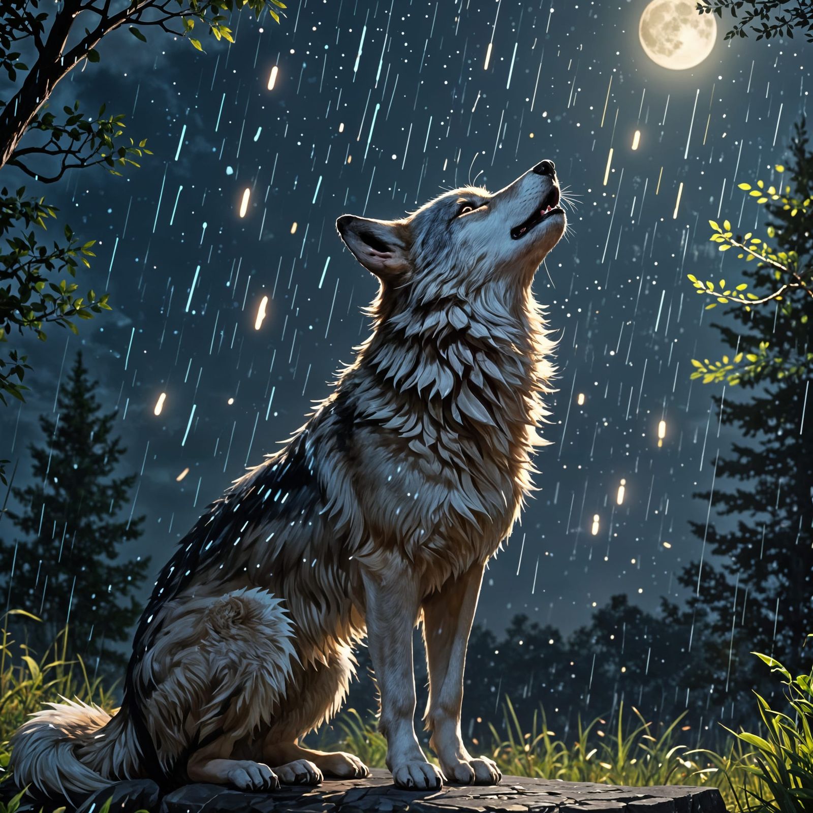 Mythical Wolf Howling at Moon in Anime Style