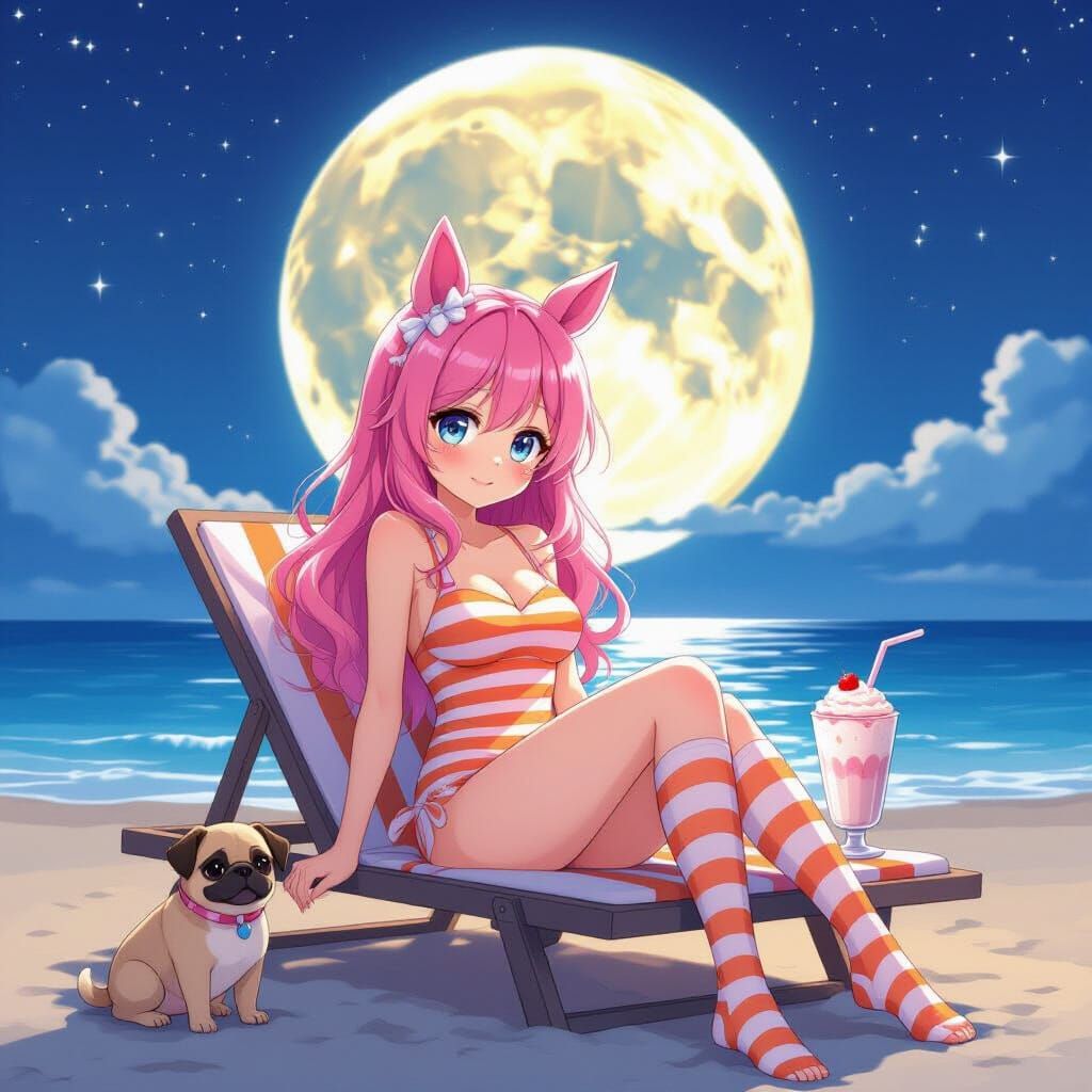 Anime Girl with Horse Ears on Moonlit Beach