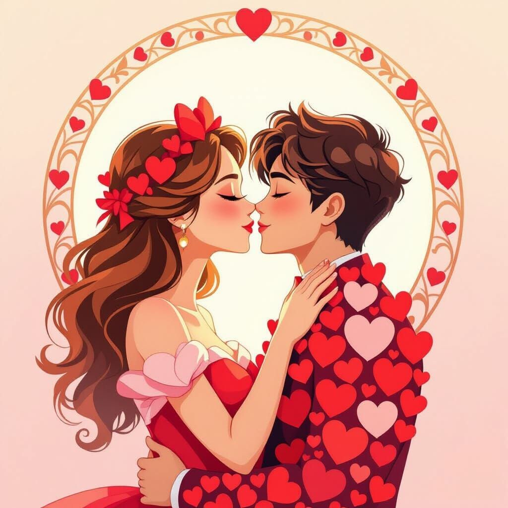 Romantic Heart Couple in Art Nouveau Style