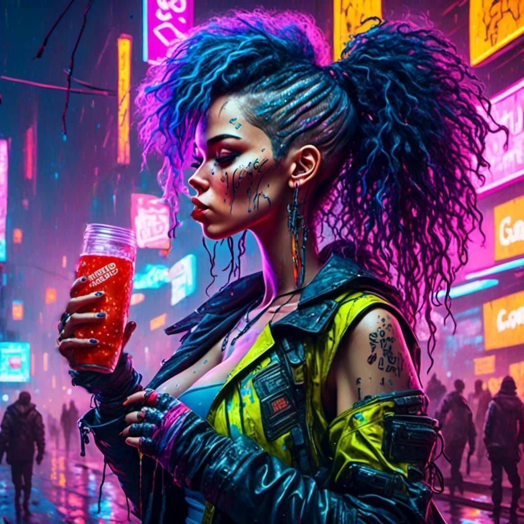 Cyberpunk Babe Enjoys Soda in Urban Setting