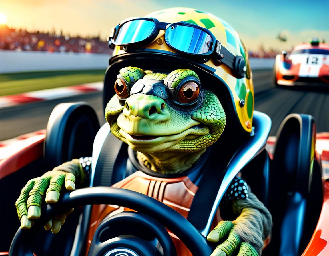 Anthropomorphic Turtle Race Car Driver in Photorealistic Sty...