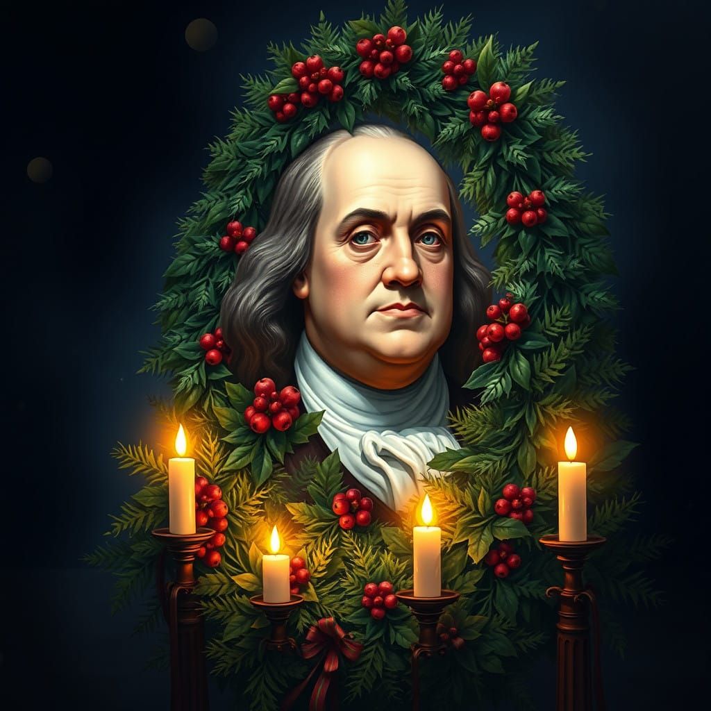 Benjamin Franklin in Enchanted Christmas Wreath Scene
