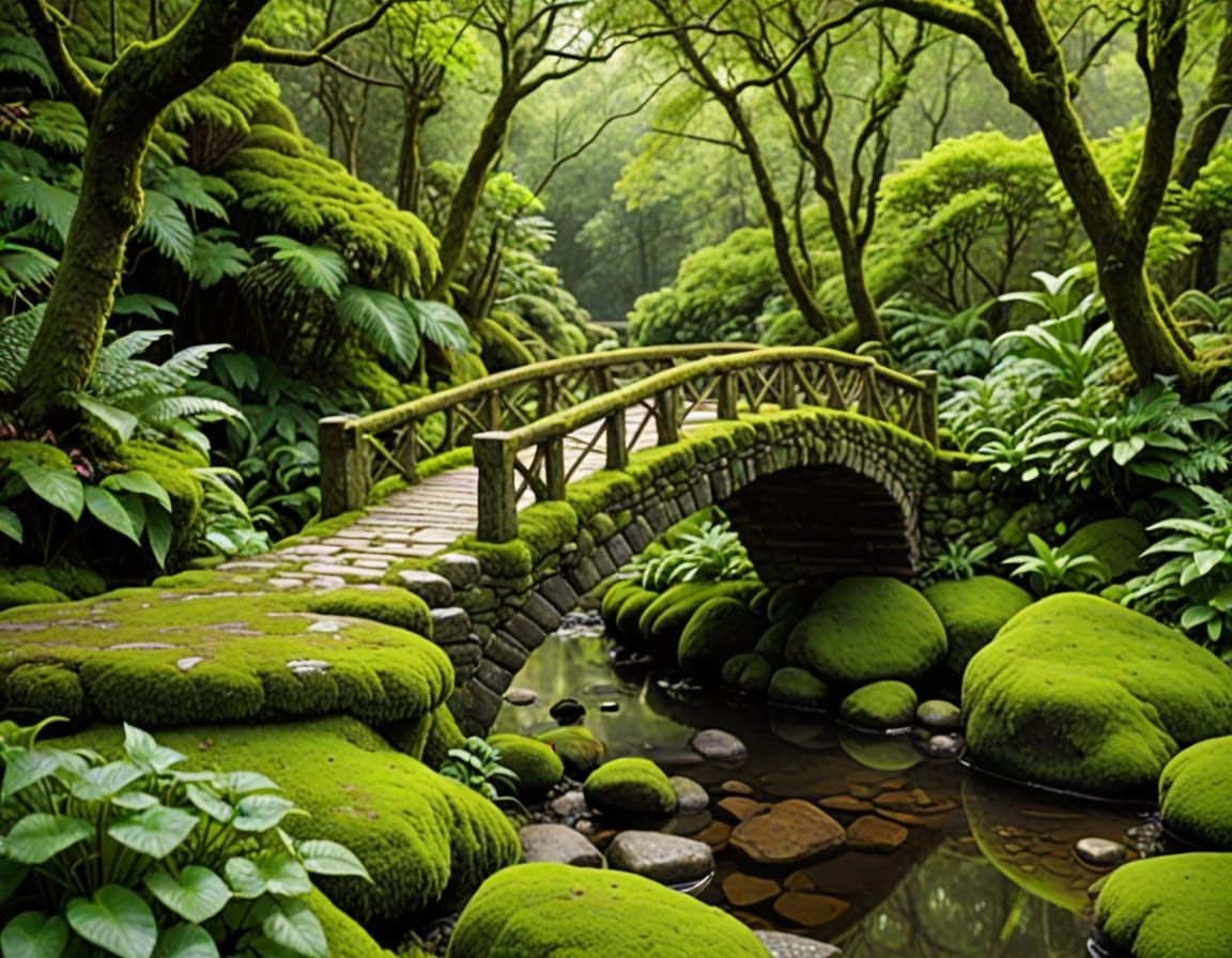 Moss Covered Stone Bridge with Lush Plants
