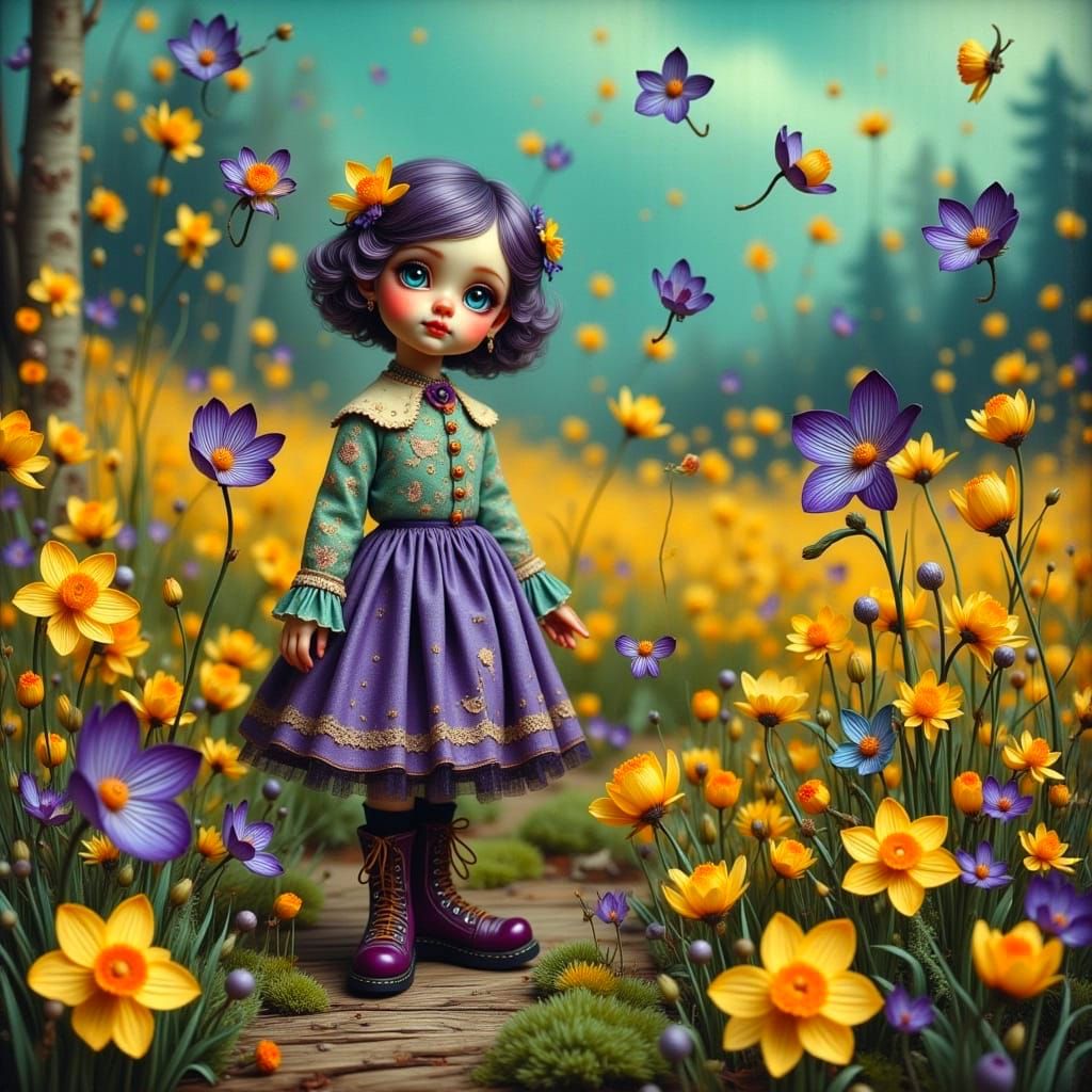 Vibrant Daffodil Goddess in a Whimsical Retro Landscape