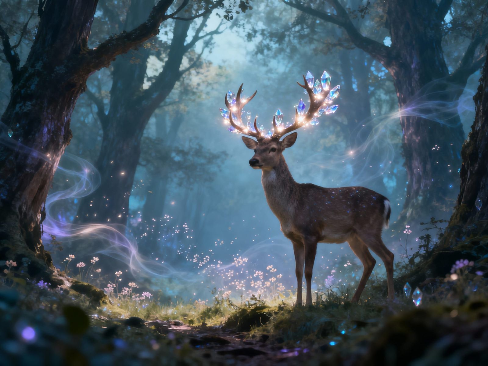 Majestic Crystal Stag in Mystical Forest Clearing