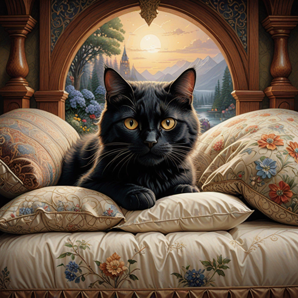 Whimsical Cat Scene in Elegant Realism Style