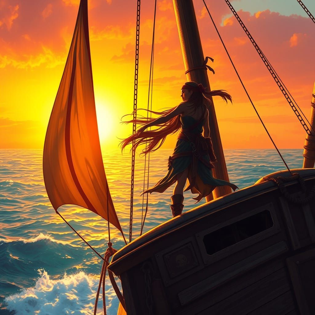 Pirate Girl on Majestic Galleon in Tropical Sunset