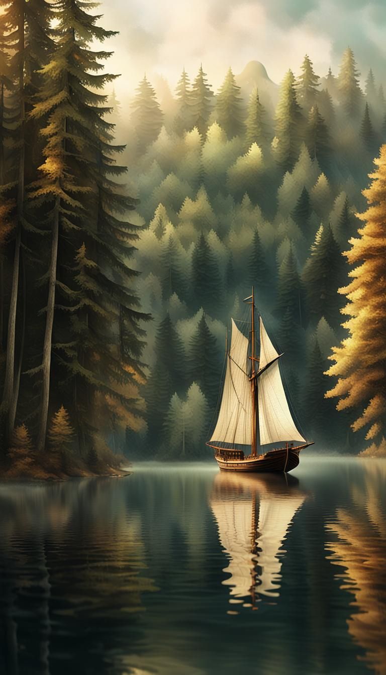 Serene Sailing Ship on Lake in Digital Matte Painting