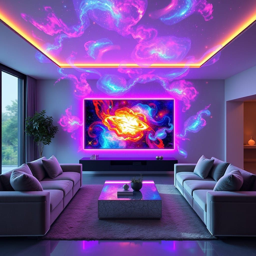 Surreal Cosmic Dreamscape in a Futuristic Living Room