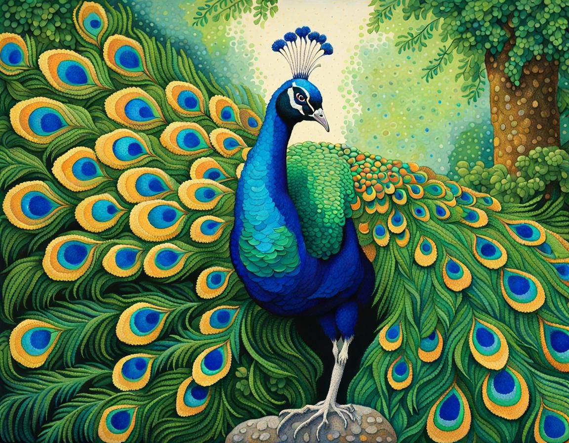 Peacock in Garden: Pointillist Style Artwork