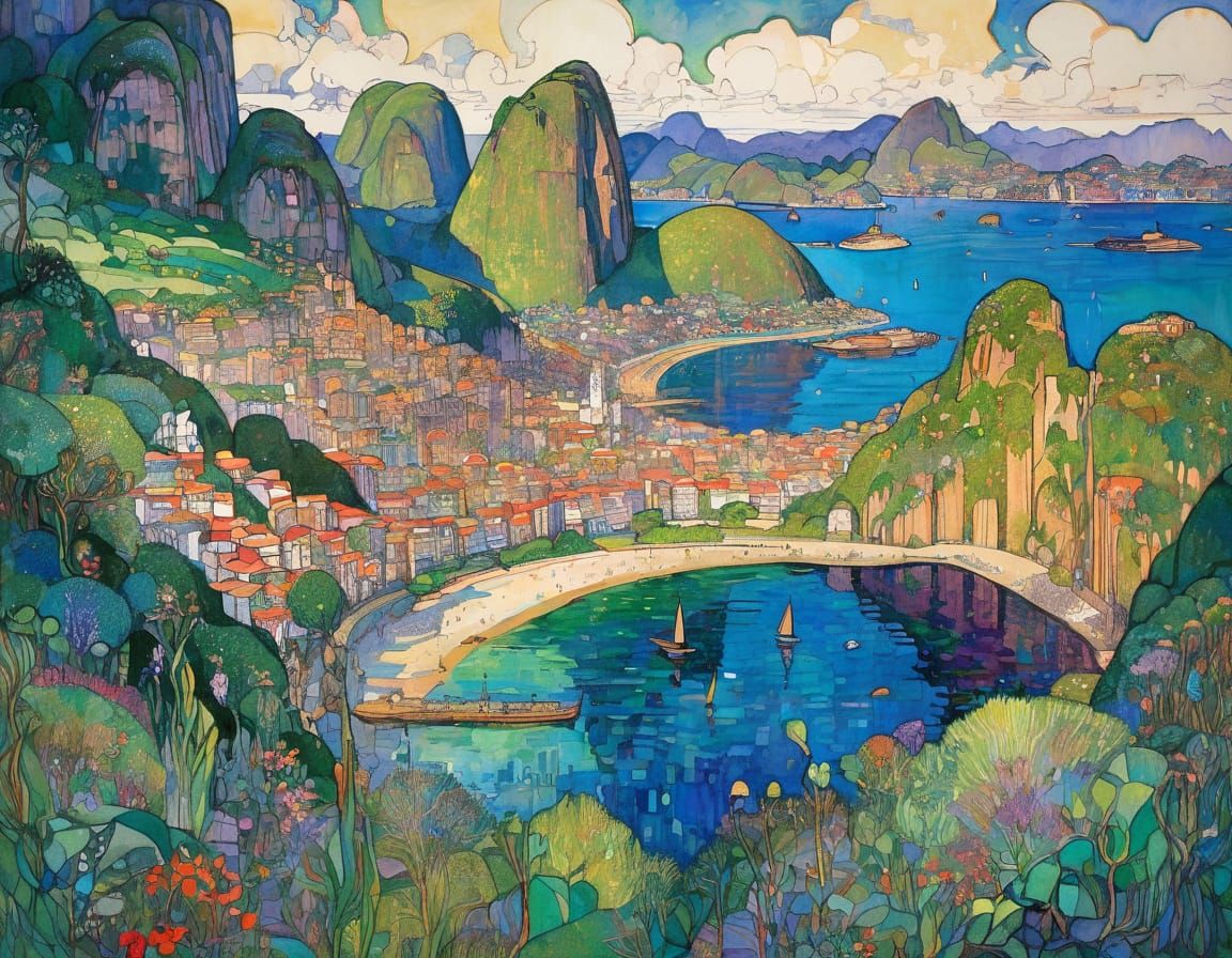 Rio de Janeiro Harbor: An Art Nouveau Watercolour