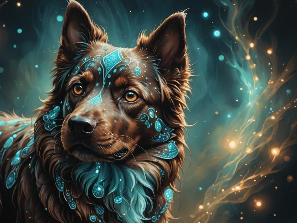 Bioluminescent Fantasy Dog in Ornate Turquoise Glow