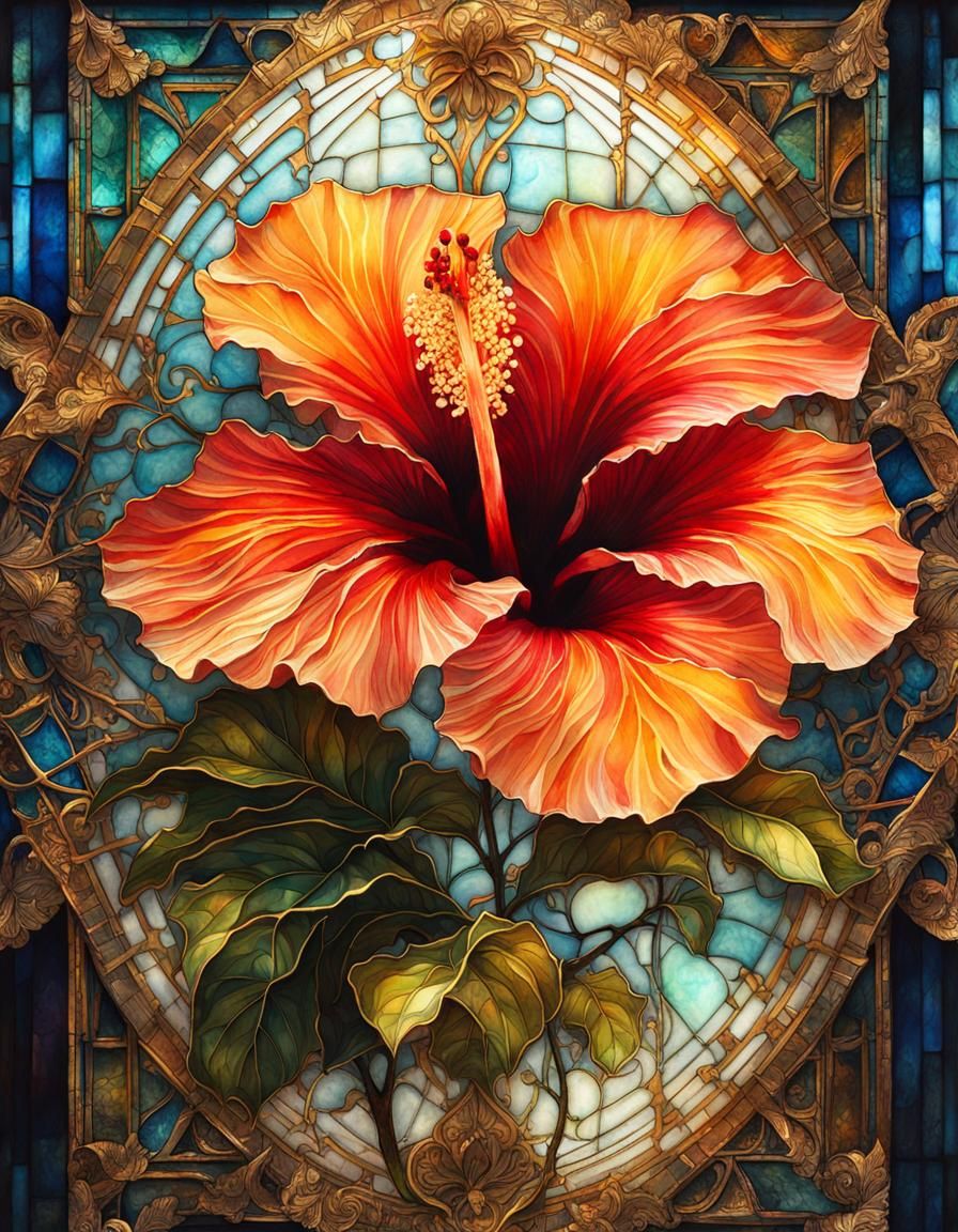 Stained Glass Hibiscus Flower in Watercolor Style
