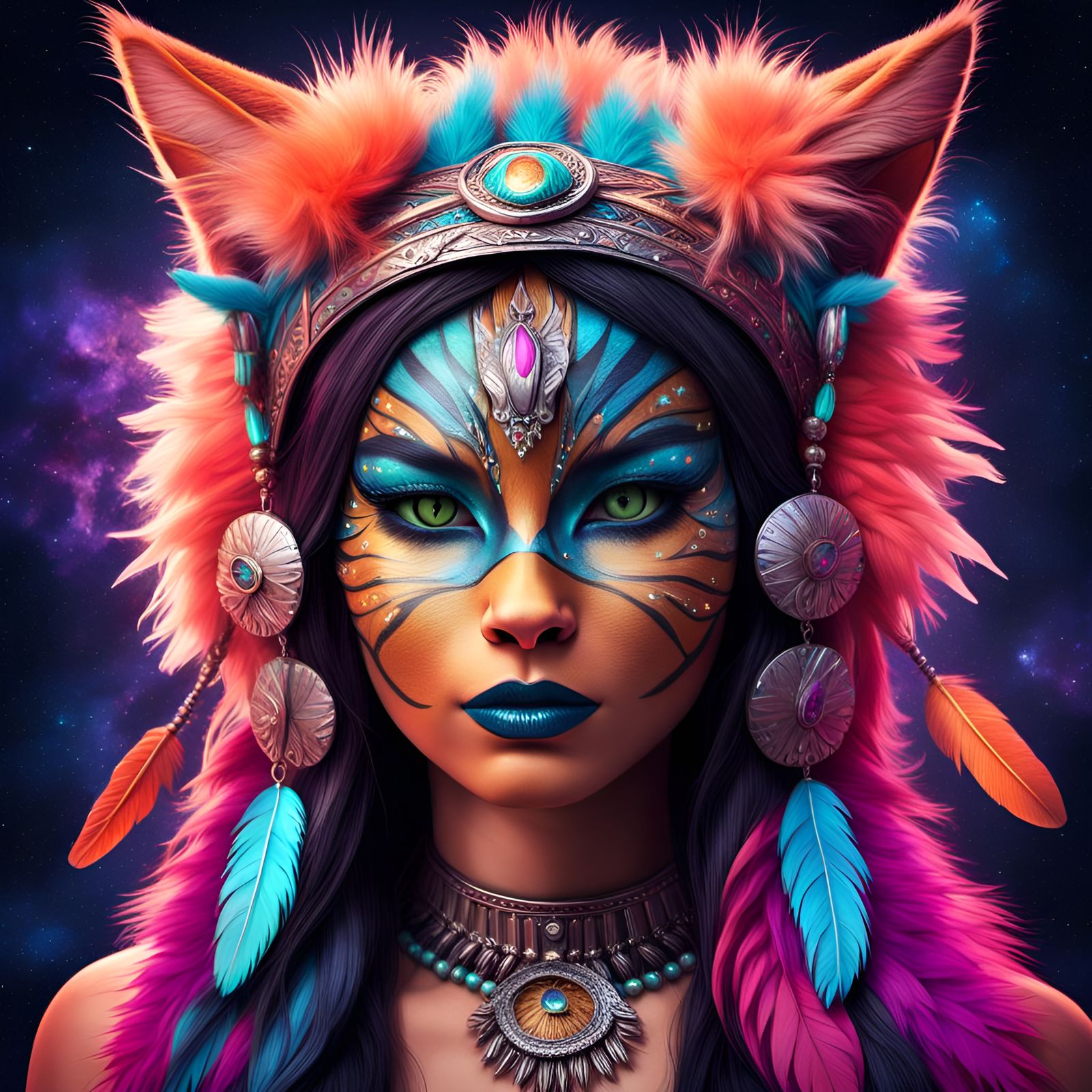 Sensual Feline Woman with Neon Facepaint in Retrofuturist St...