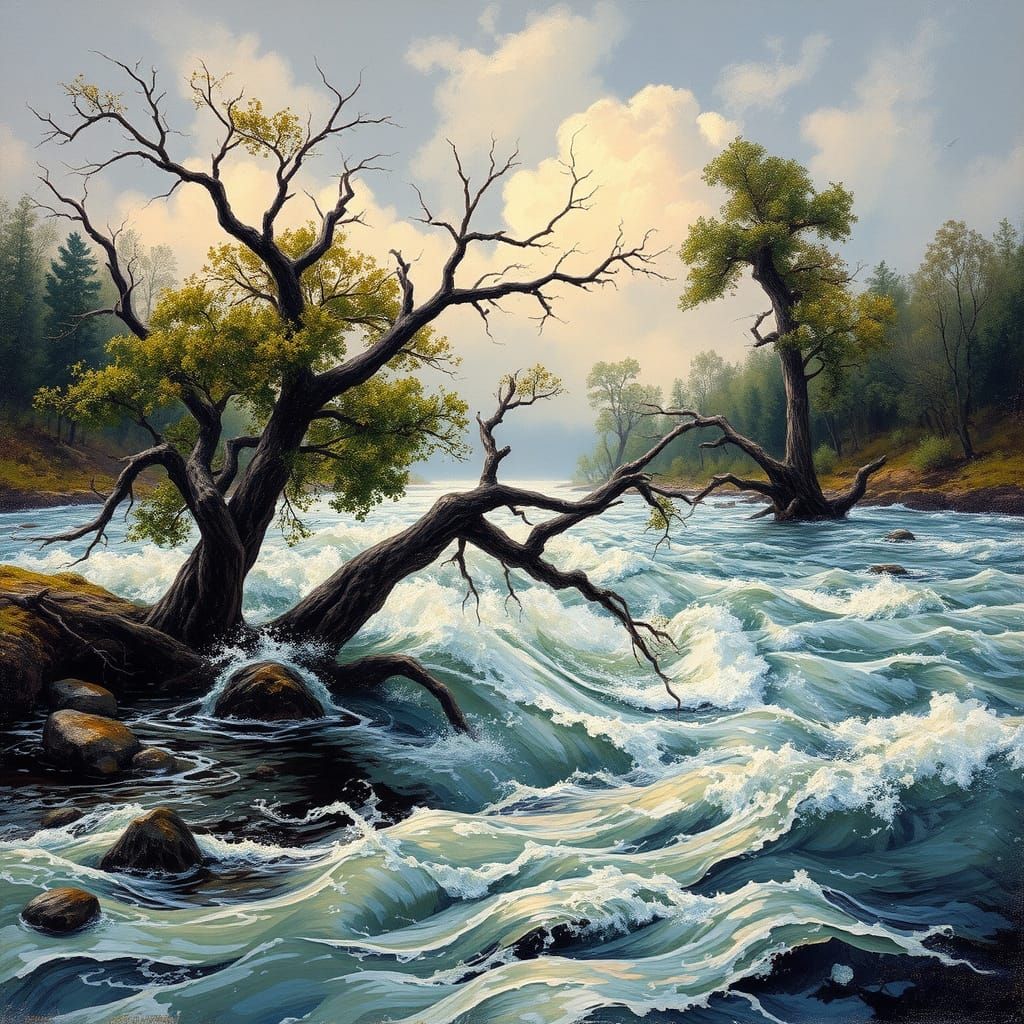 River in Turbulent Frenzy - Dramatic Water and Twisted Trees
