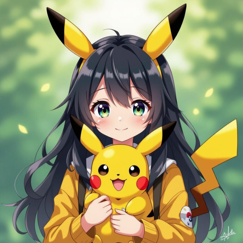 Anime Girl with Pikachu Ears and Plushie