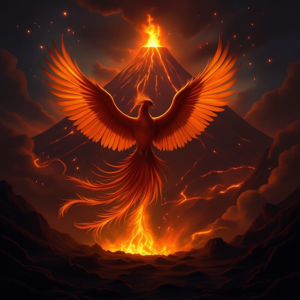 Majestic Phoenix Rises from Volcano Amidst Cosmic Nebula